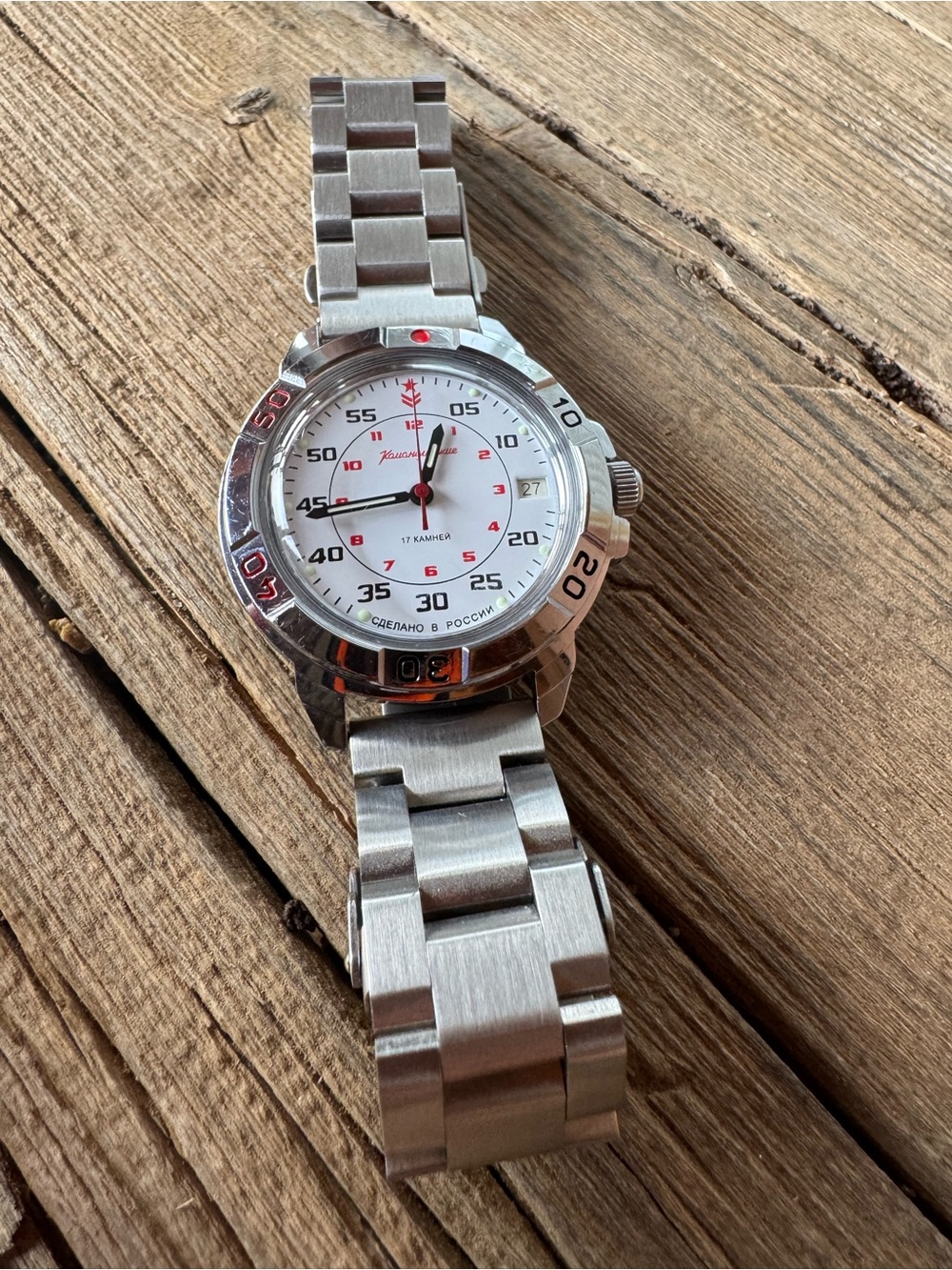 Vostok Komandirske Stainless Steel Diver Watch - White Dial with Red Accents